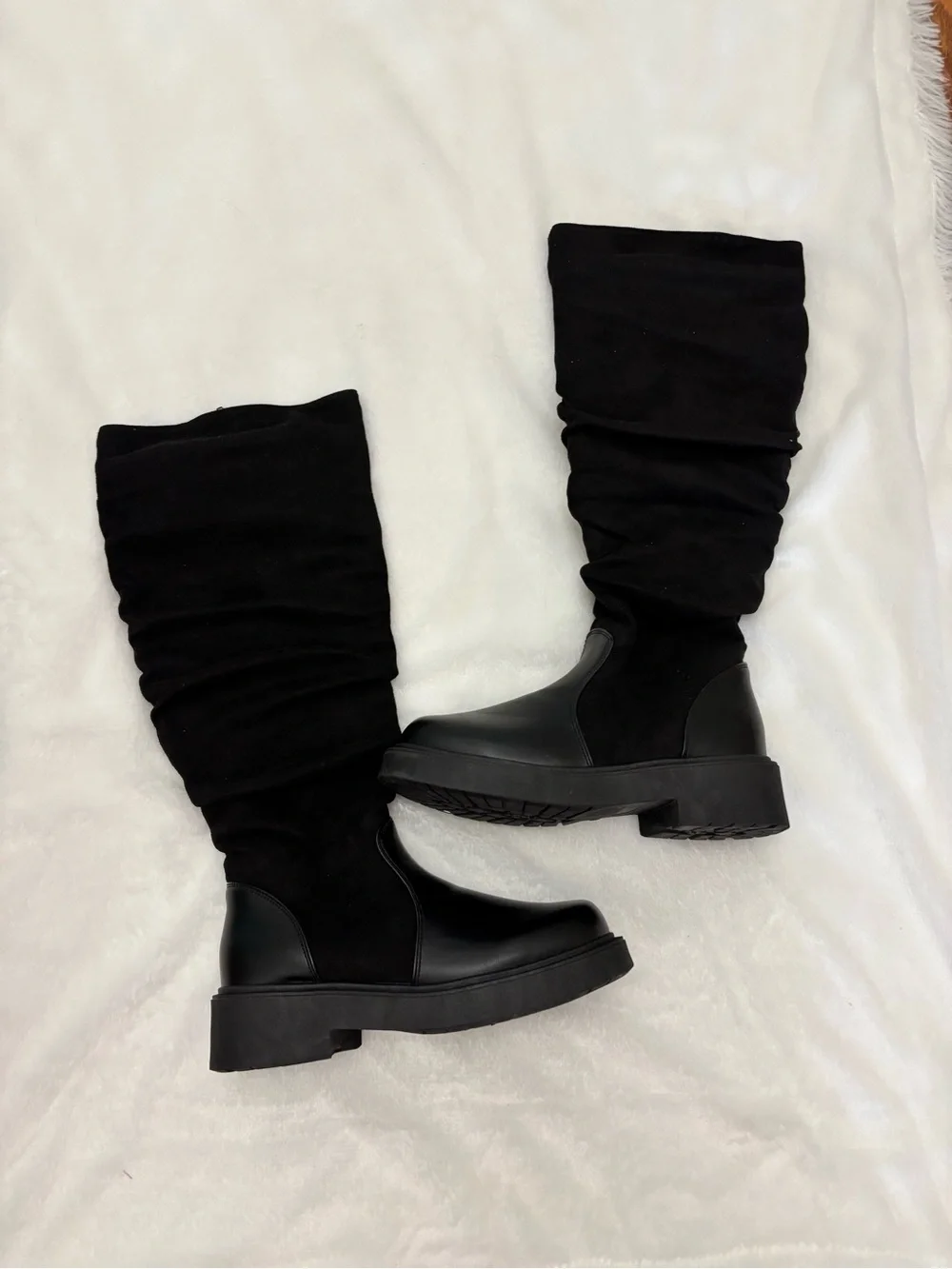 NEW Black Slouch Knee High Boots Chunky Platform Goth Grunge Women’s 7.5 NWOB